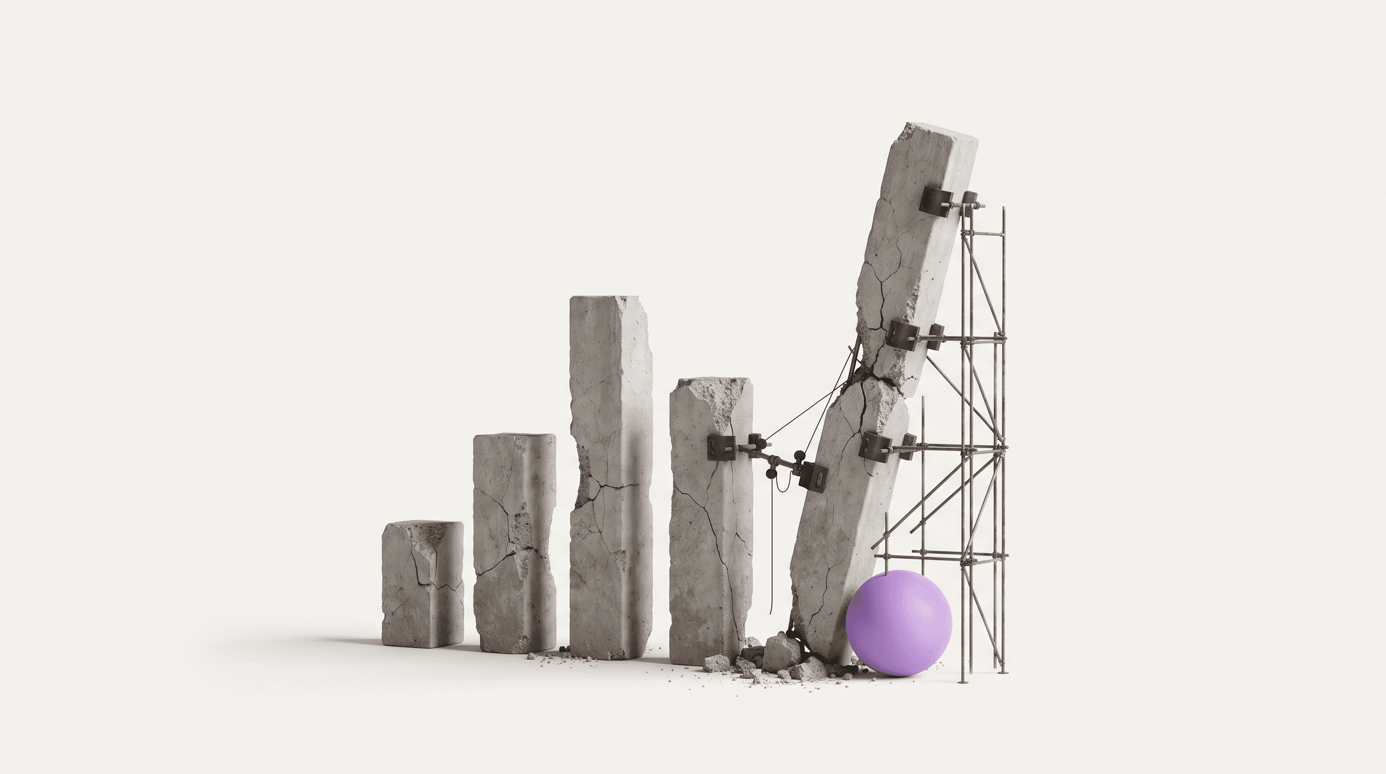 Minimal 3D illustration of a crumbling concrete bar chart propped up by rusty scaffolding — the zombie metric that refuses to die