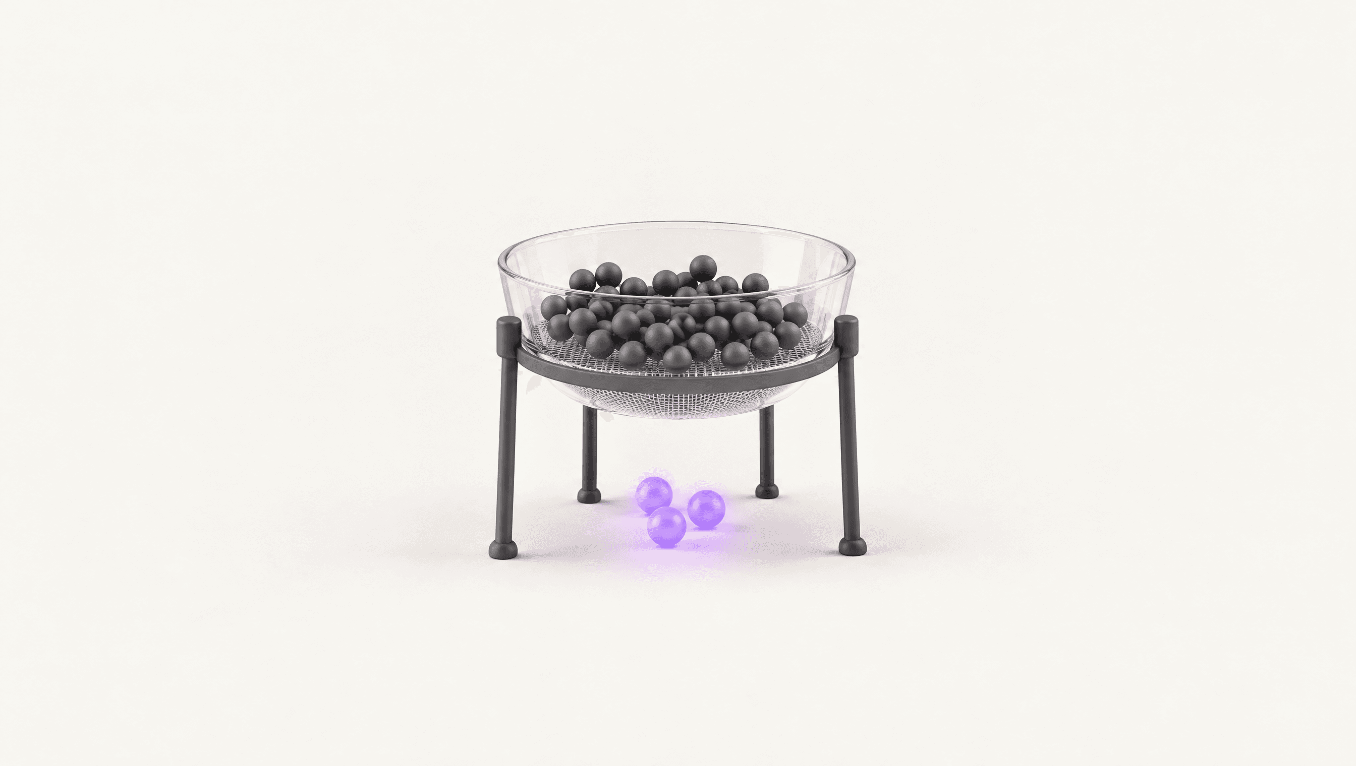 A glass sieve holding back graphite spheres while three violet spheres pass through