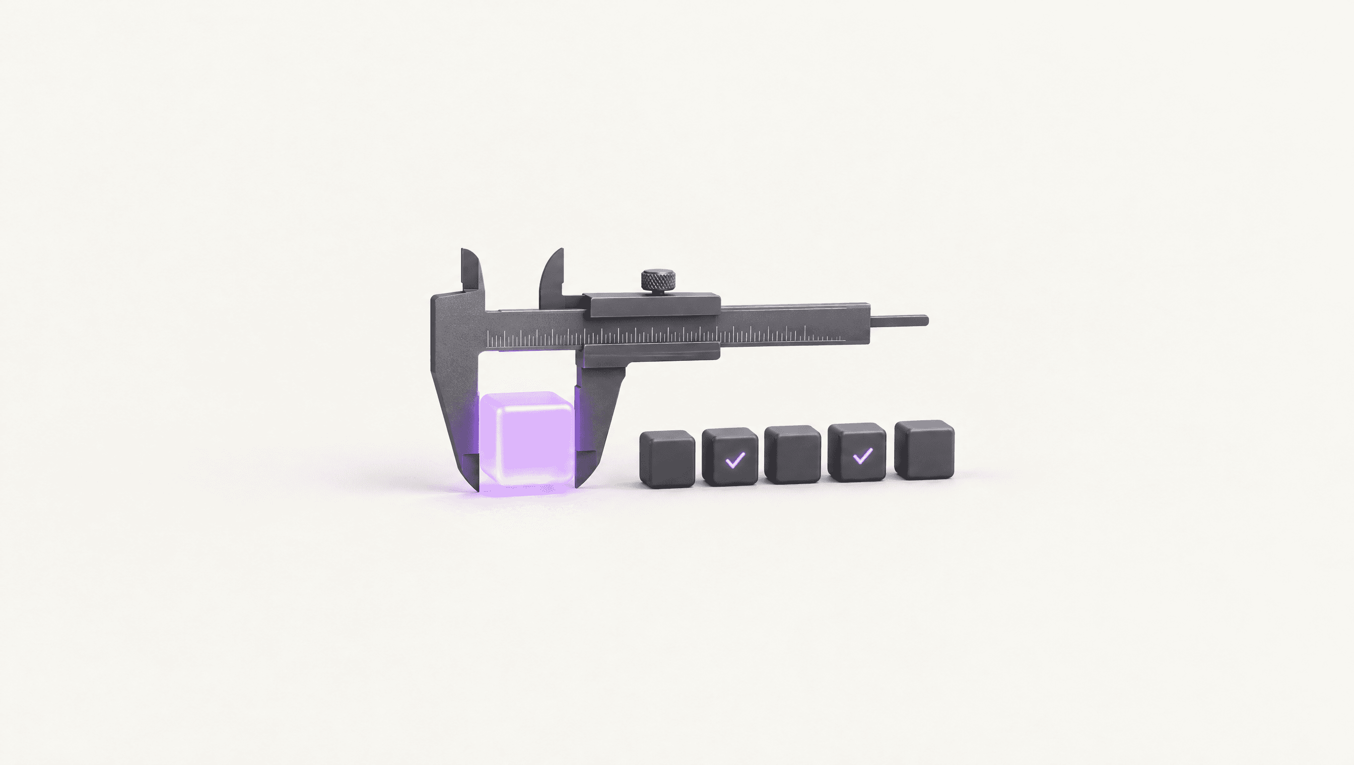 A caliper measuring a glowing violet cube beside a row of checked graphite cubes