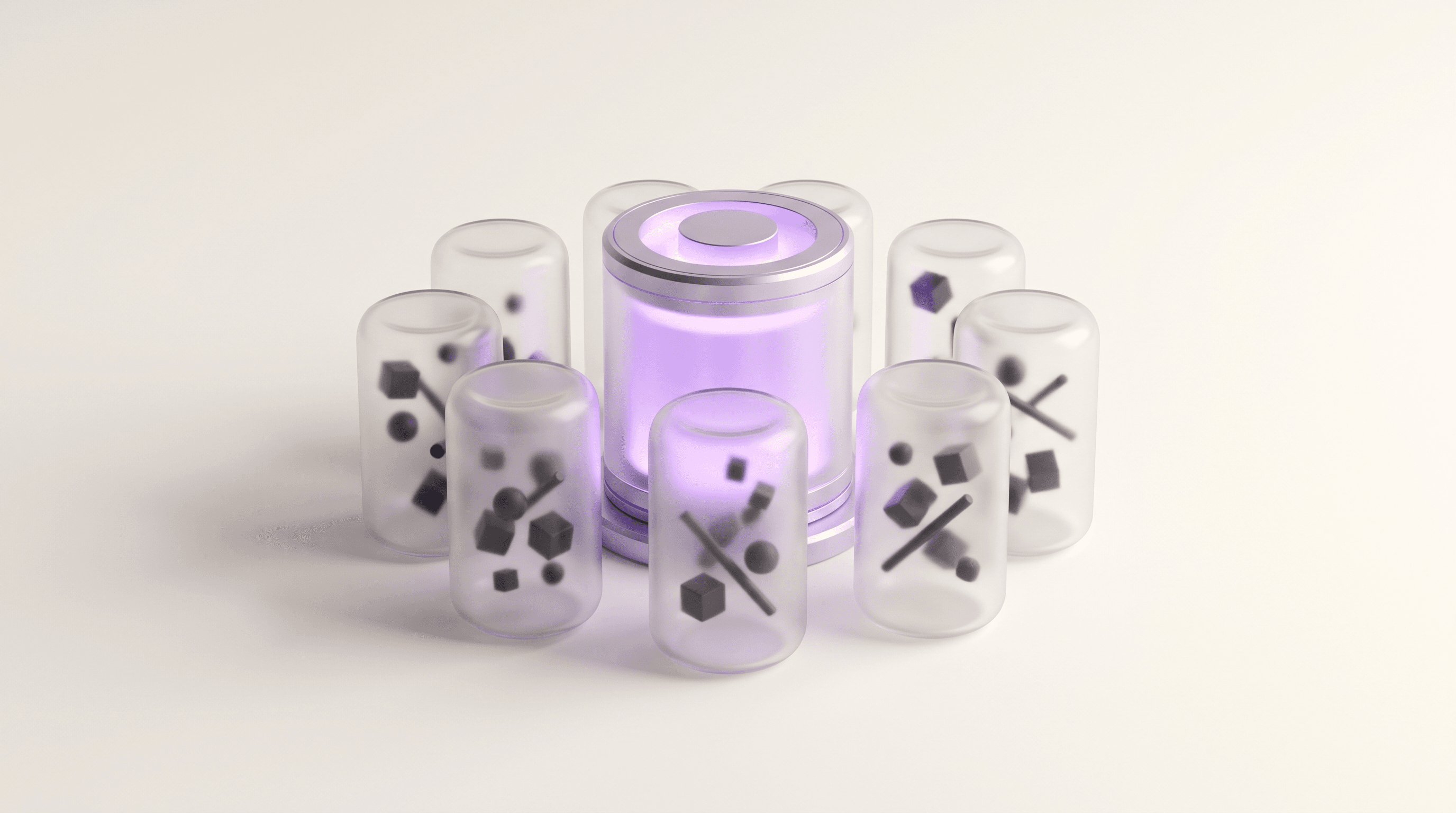 Minimal 3D illustration of frosted glass chambers around one glowing purple core — one AI platform with each client walled off