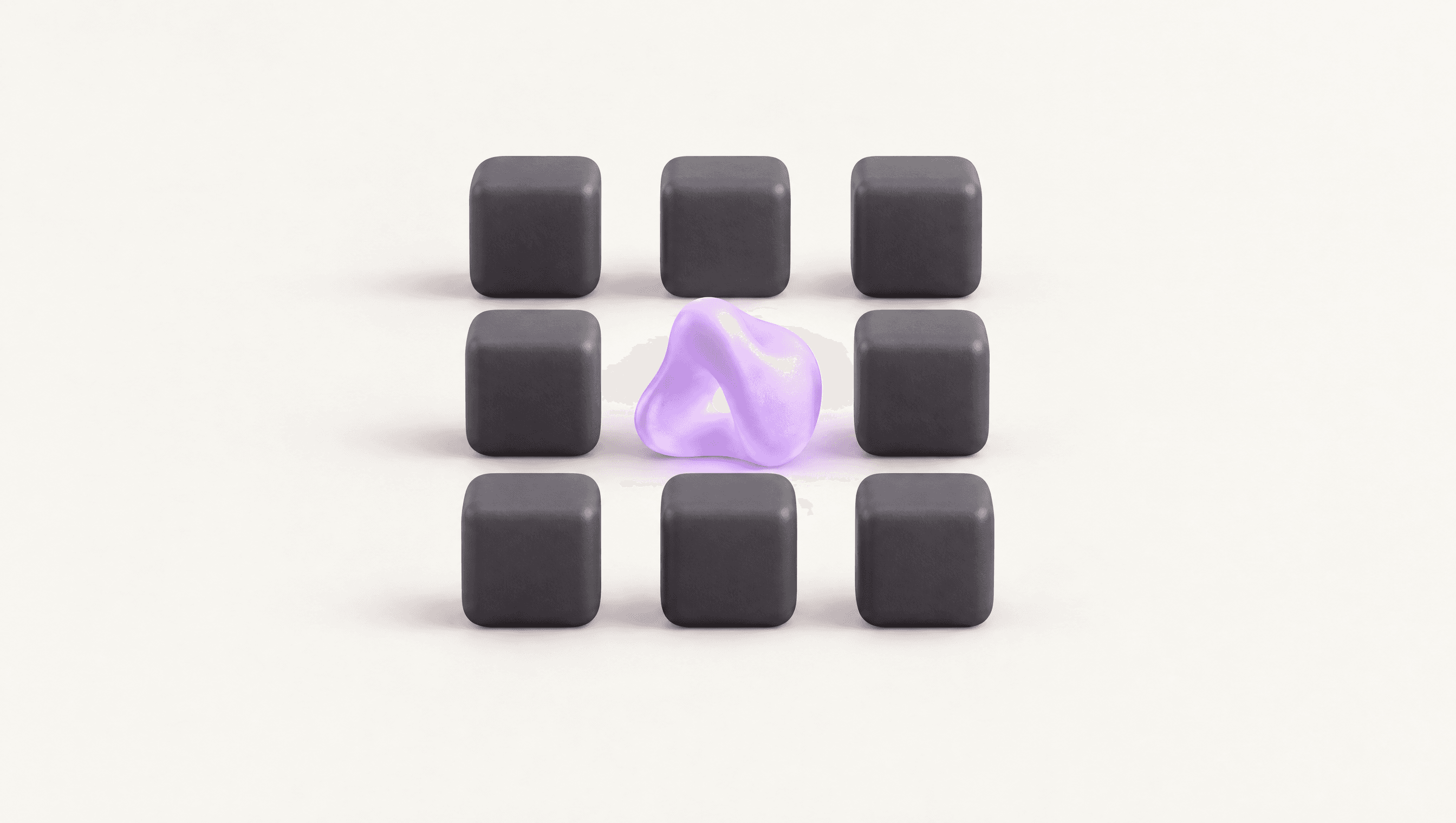A grid of identical graphite cubes with one organic violet form in the middle