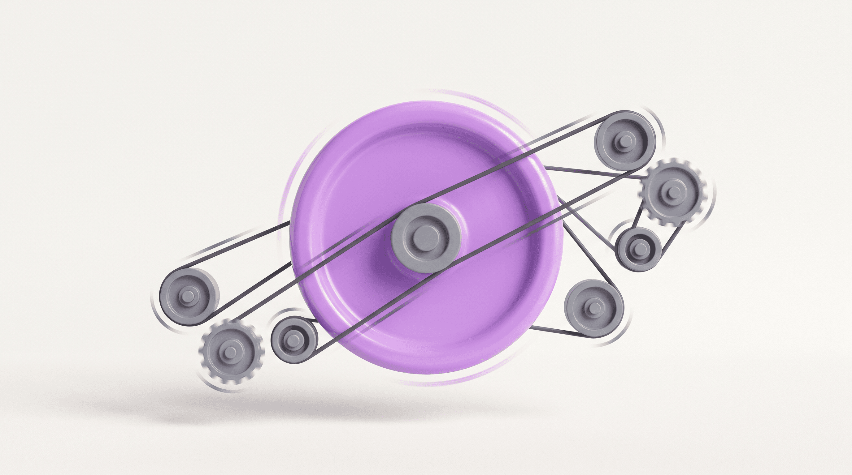 Minimal 3D illustration of a purple flywheel driving smaller grey gears by belts — an agency running on AI