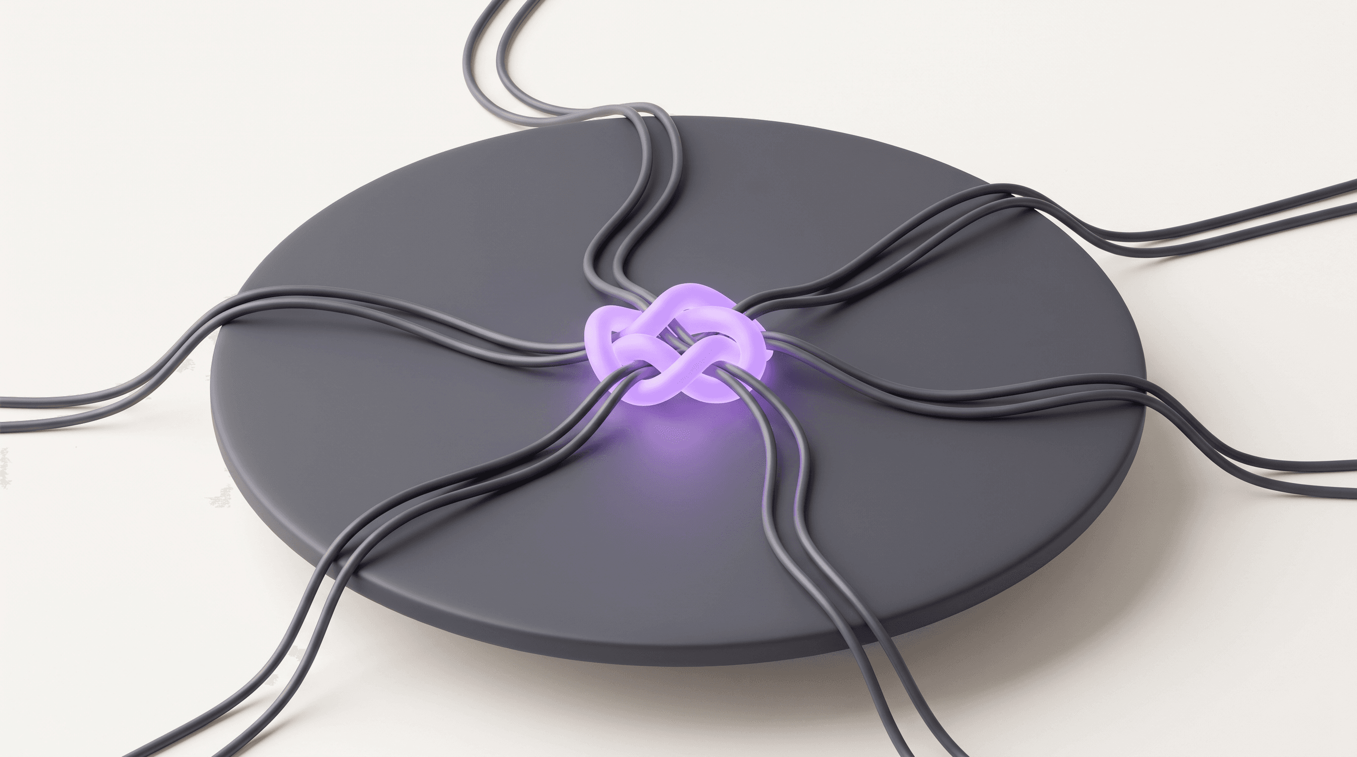 Minimal 3D illustration of grey cables from all sides weaving into one glowing purple knot on a round table — team collaboration versus a single chat interface