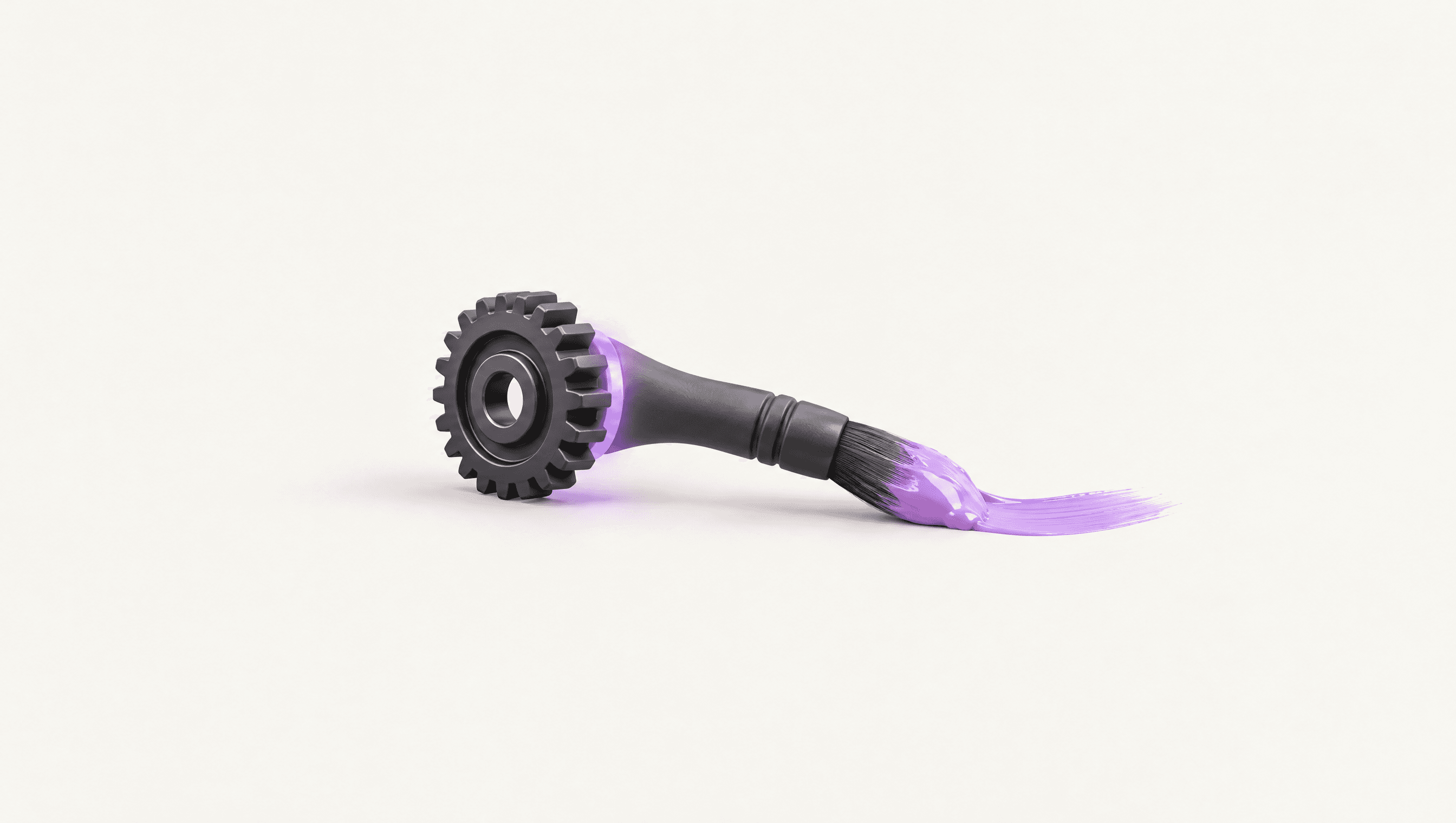 A graphite gear turning into a paintbrush that paints a violet stroke