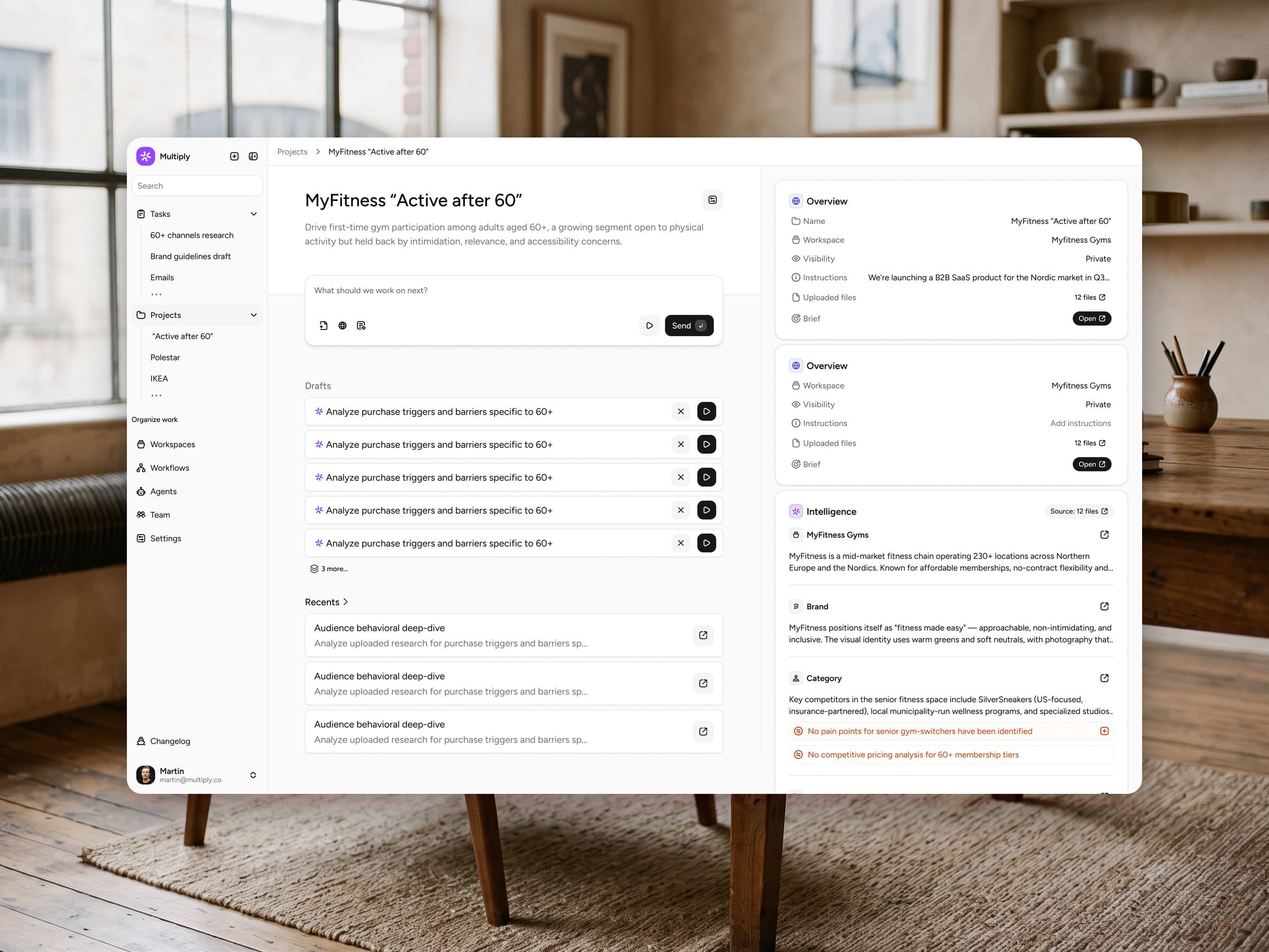 Multiply project dashboard — brief, drafts and inherited client context in one place