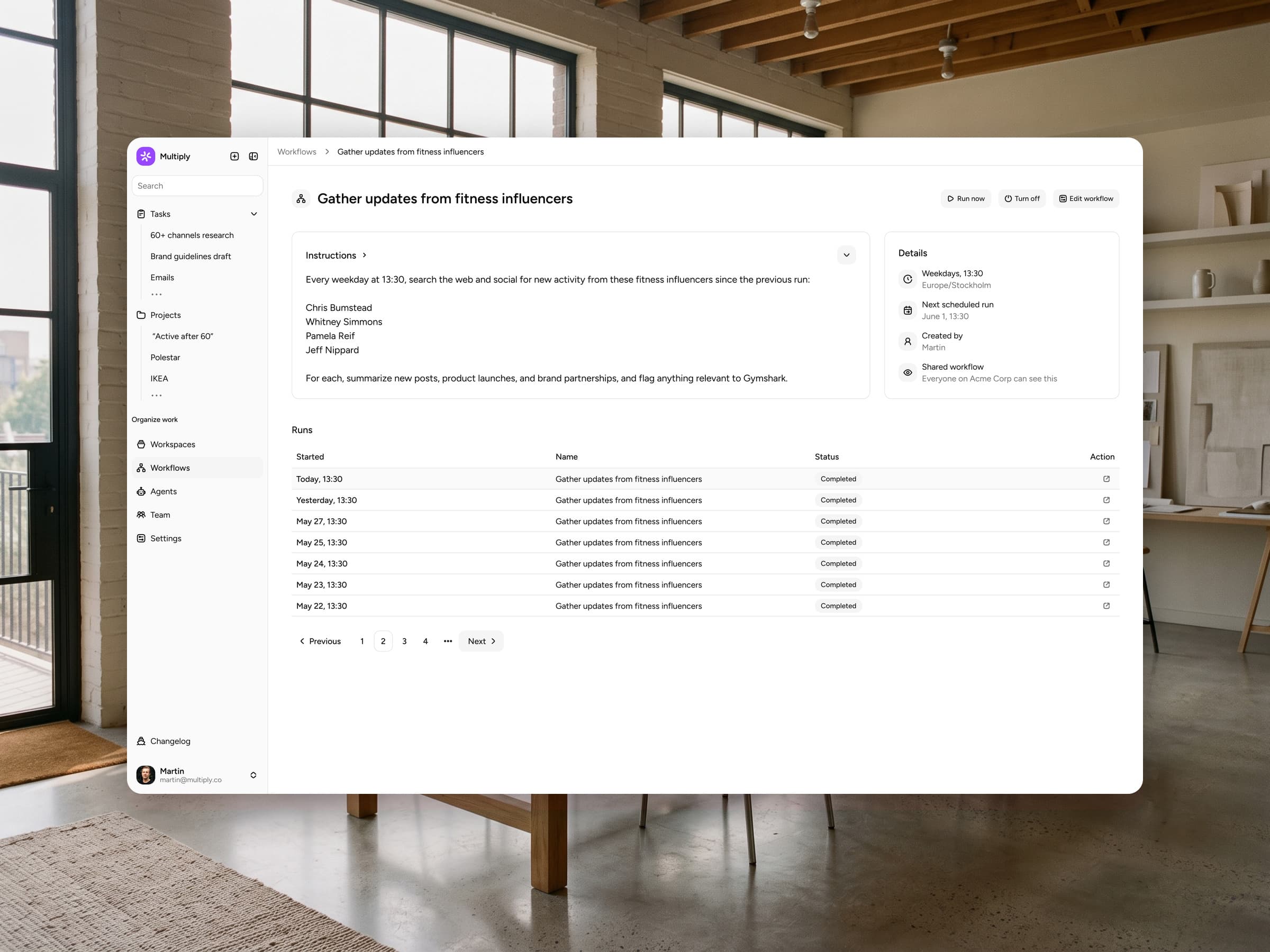 Multiply workflow detail — scheduled recurring run with instructions and completed runs
