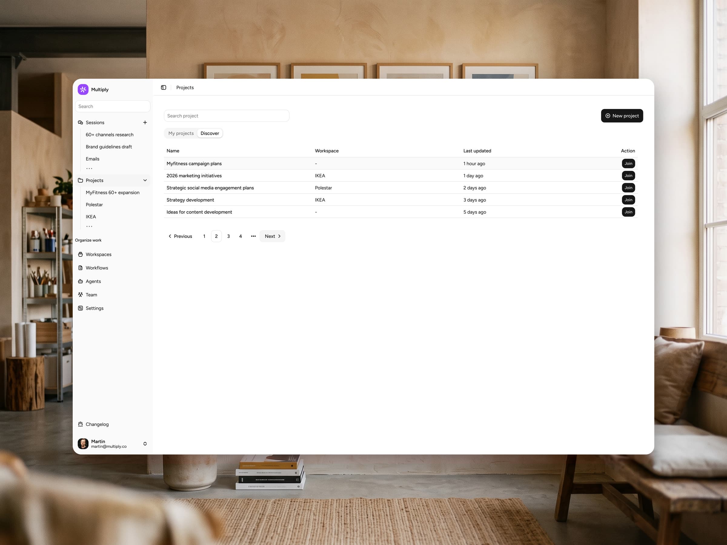 Multiply projects list — discover and join projects across client workspaces