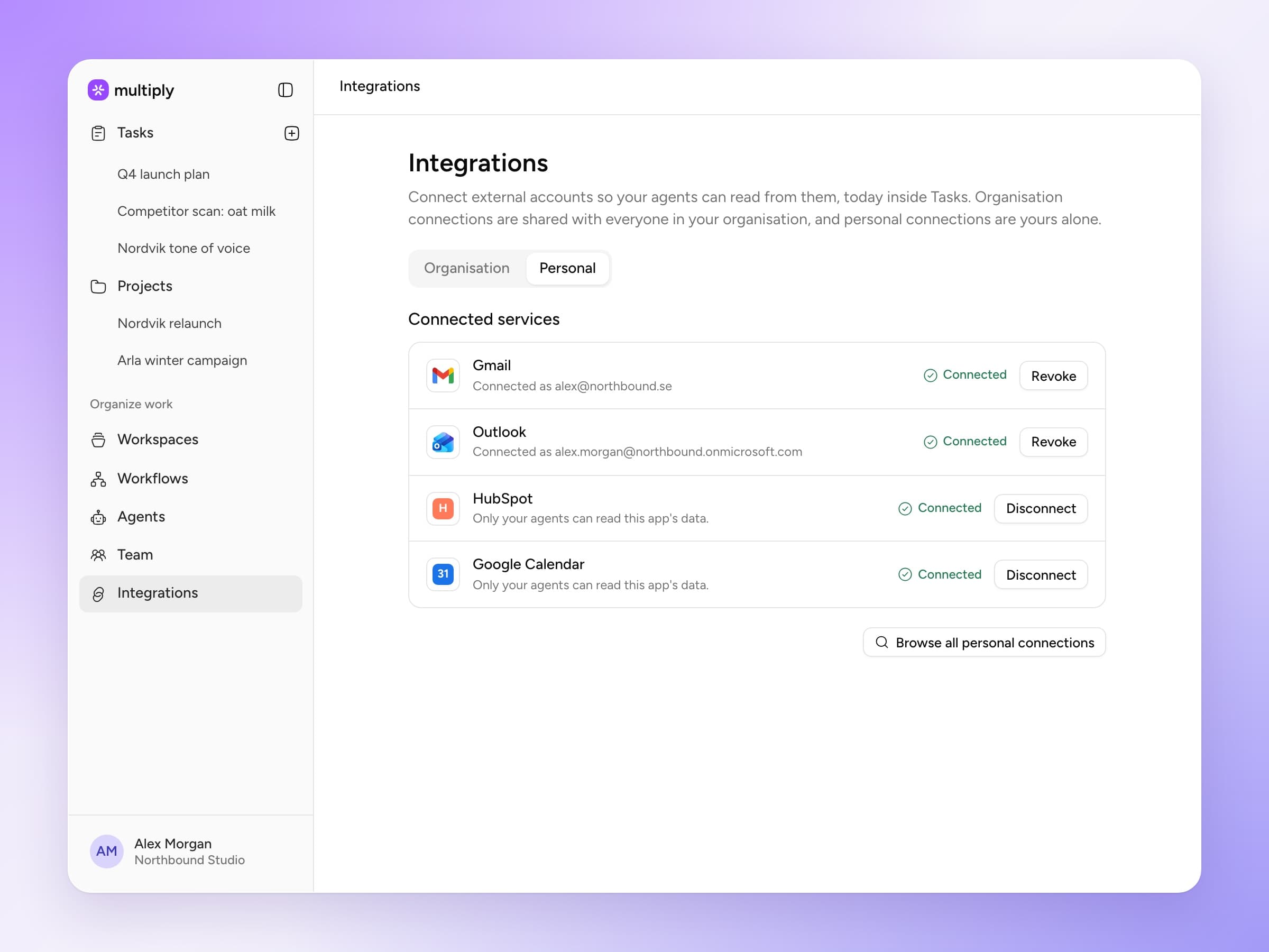 Multiply Integrations page — Gmail, Outlook, HubSpot and Google Calendar connected as personal connections