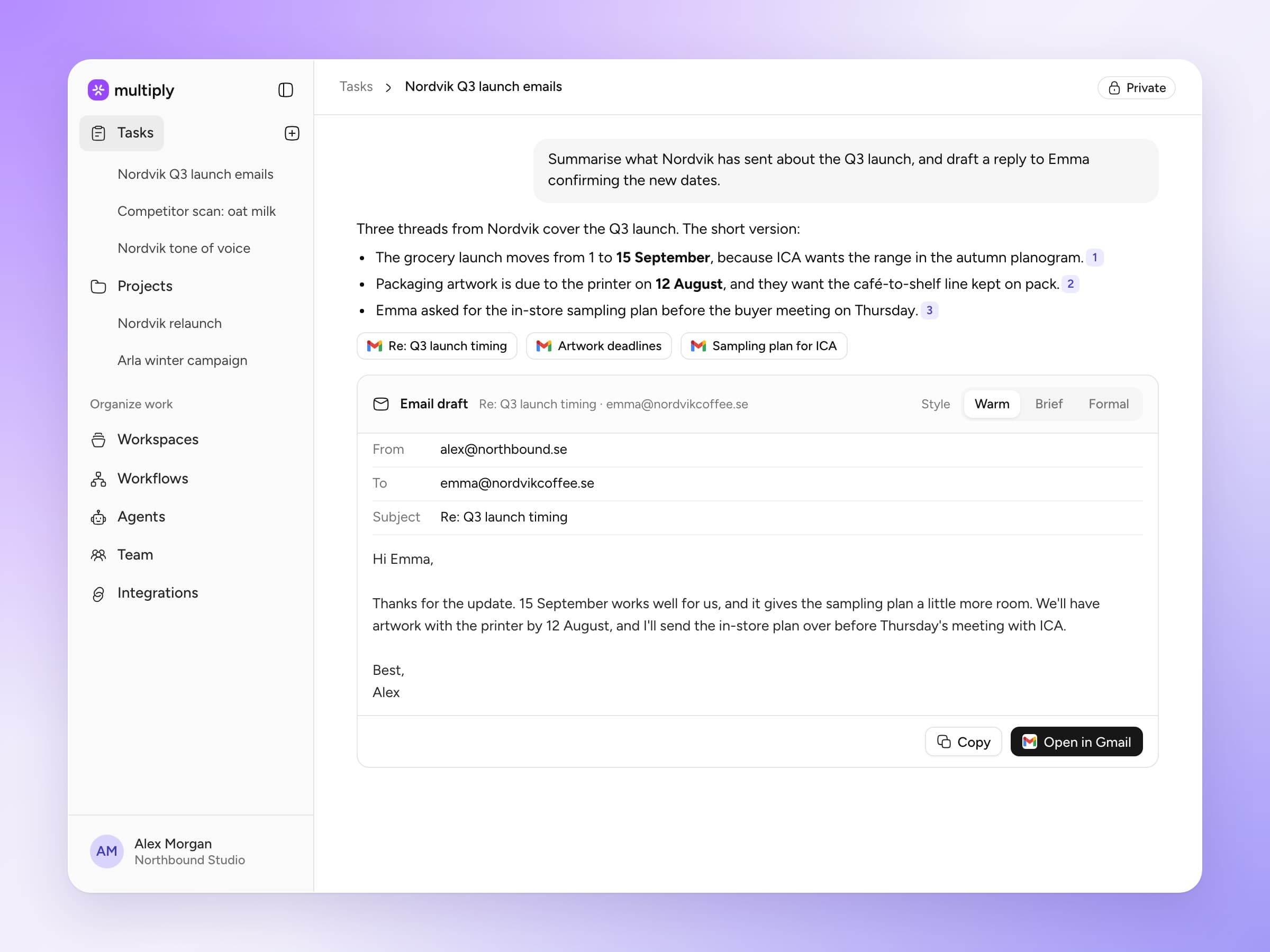 Multiply task answering from Gmail threads, with cited emails and a drafted reply that opens in Gmail