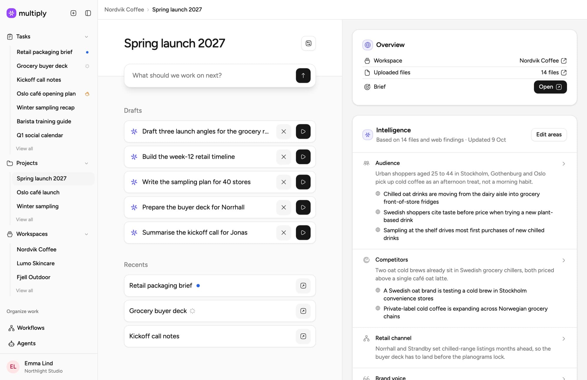 The Spring launch 2027 project in Multiply, with drafted tasks and the client intelligence beside them