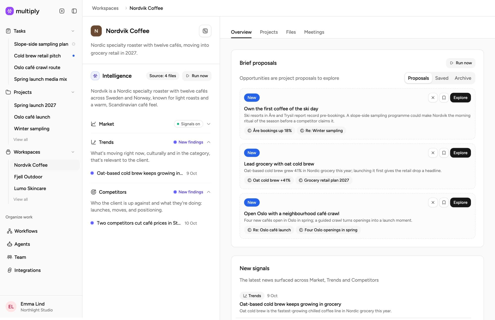 Multiply’s Nordvik Coffee workspace overview with brief proposals and new market signals
