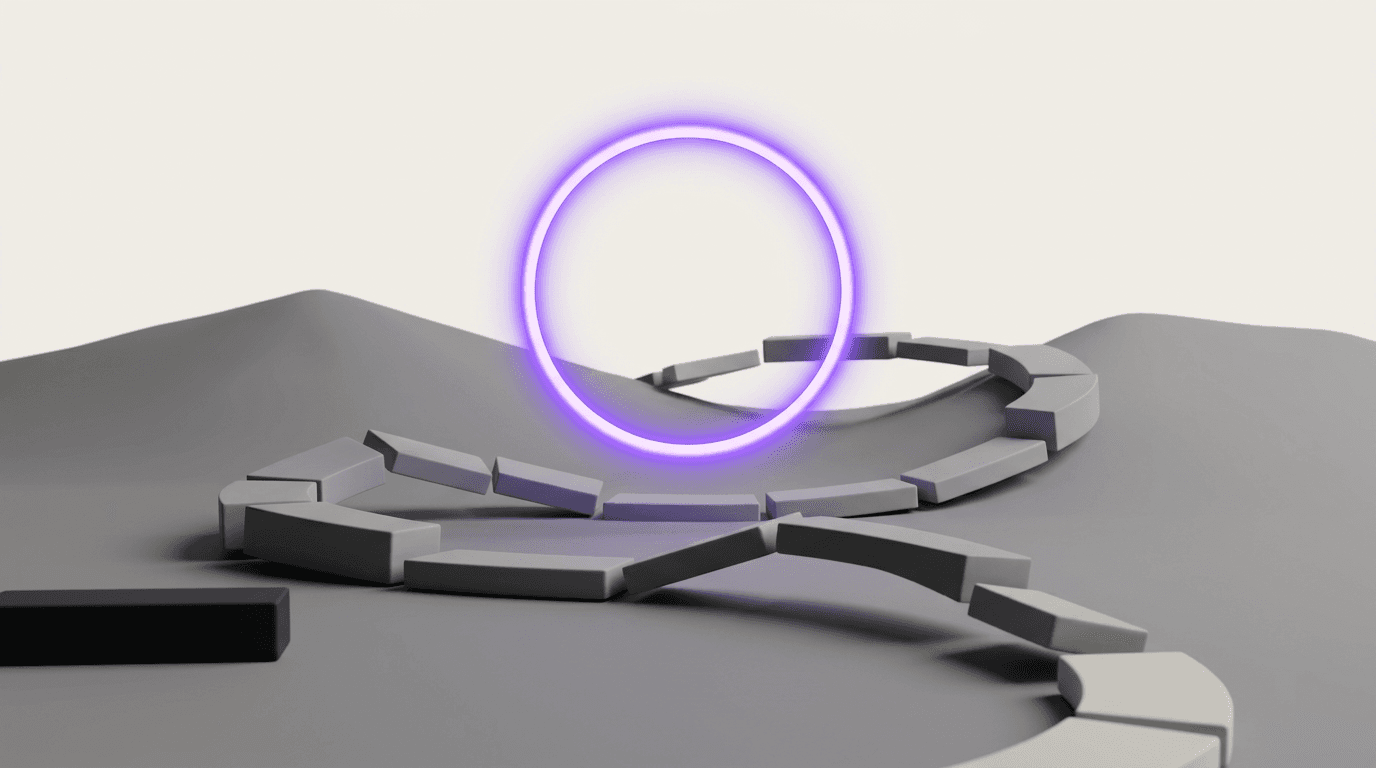 Minimal 3D illustration of a fixed glowing violet ring of light (a solar eclipse) held steady above a grey path that bends and breaks around it — a fixed appetite while scope bends