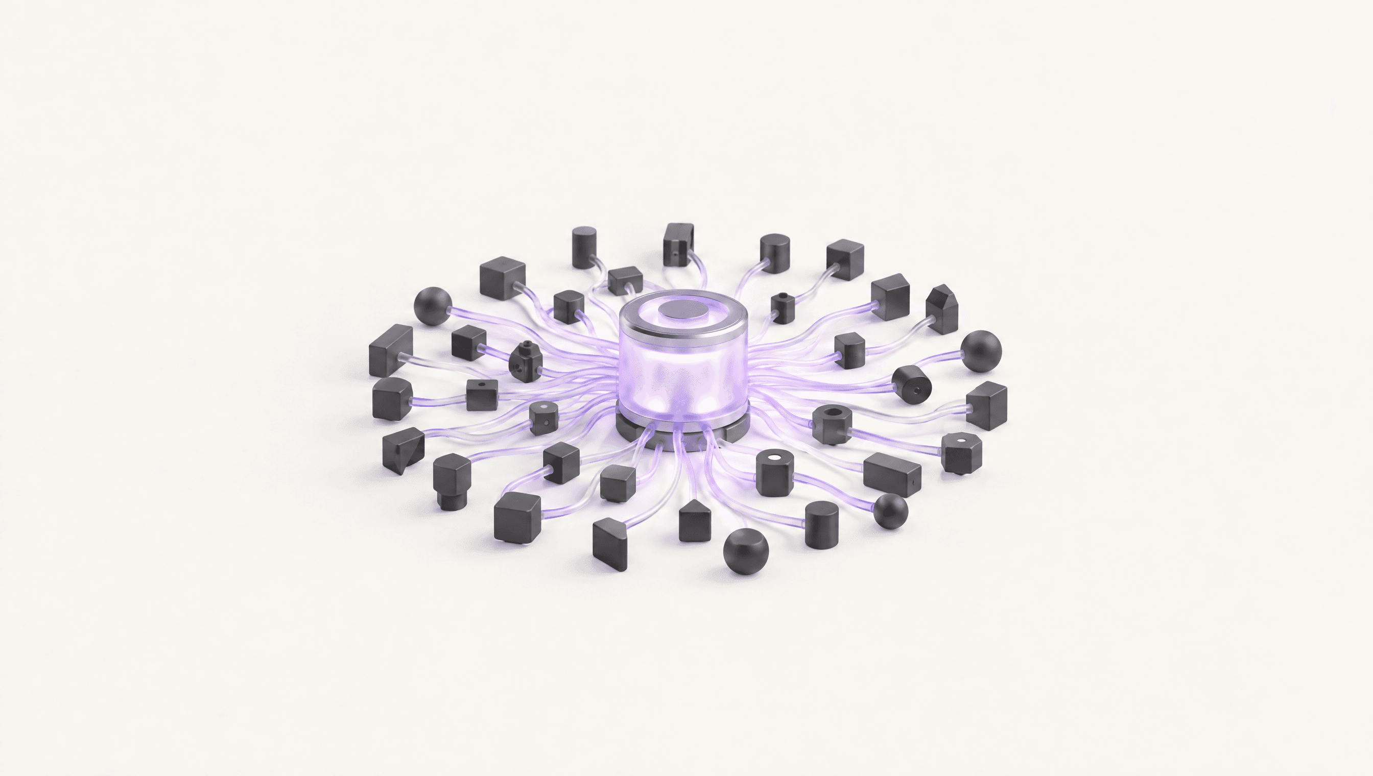 A glowing violet hub with cables running out to dozens of small graphite connectors