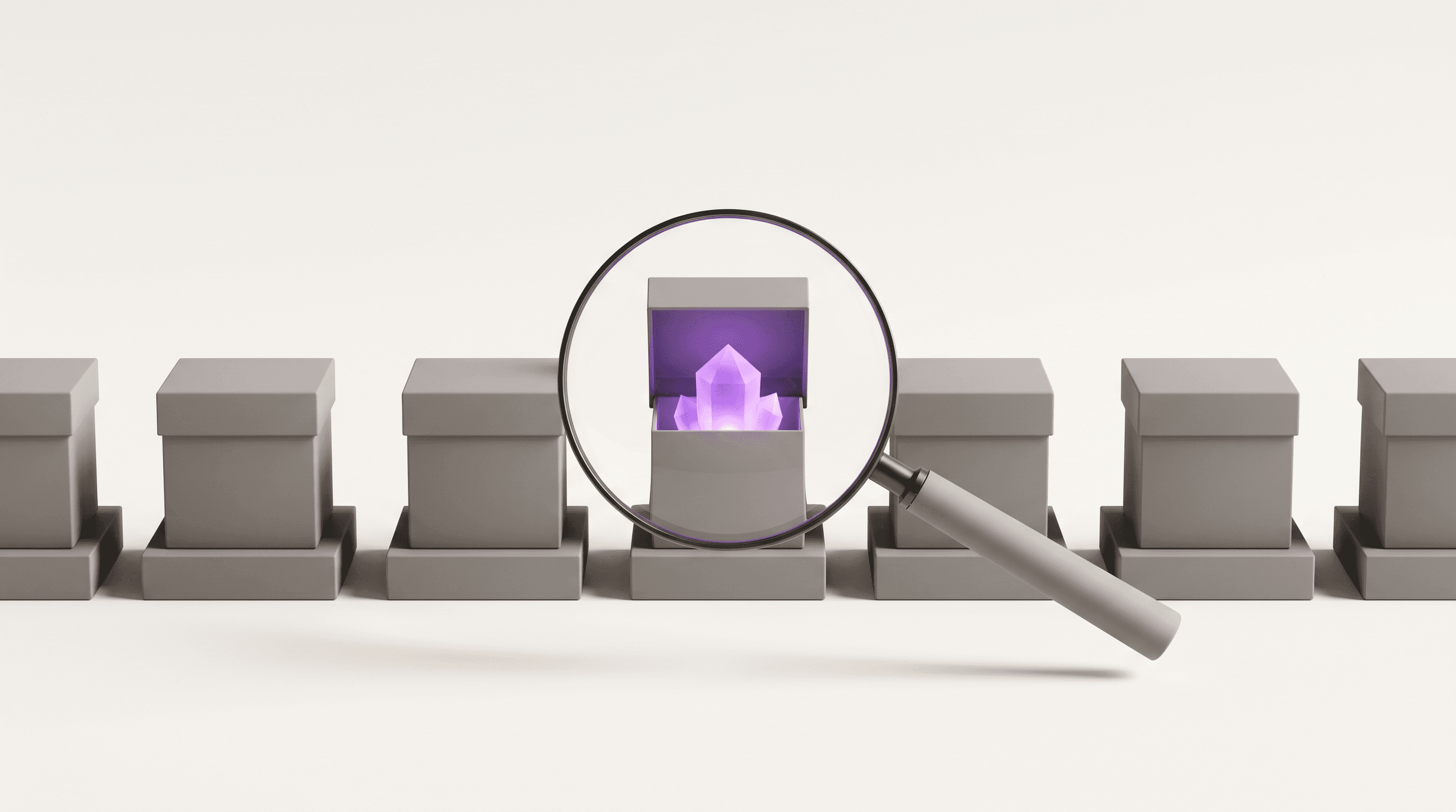 Minimal 3D illustration of a magnifying glass revealing a purple crystal inside one of many identical grey boxes — choosing the AI platform that is actually different