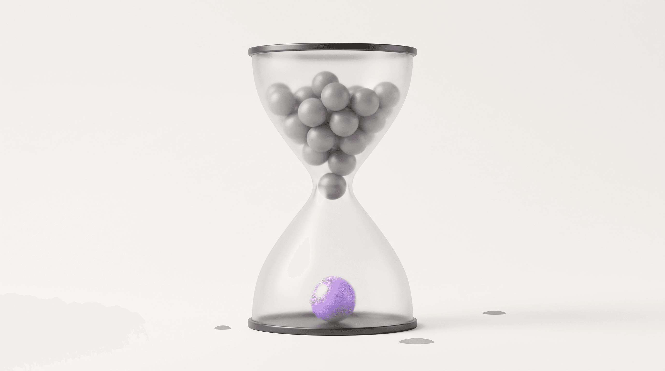 Minimal 3D illustration of an hourglass jammed with grey spheres while one purple sphere passes through — operations as the real agency bottleneck