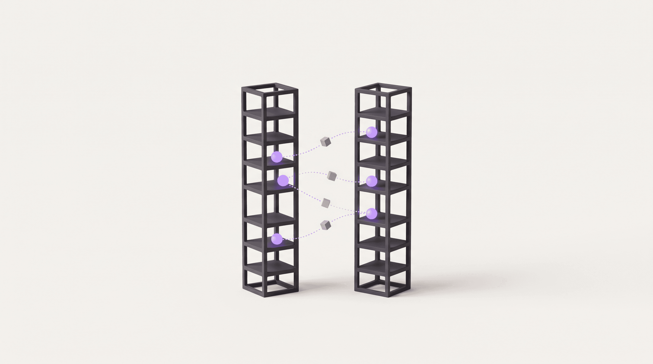 Minimal 3D illustration of purple orbs carrying cubes along dotted paths between two towers — AI agents moving work between humans