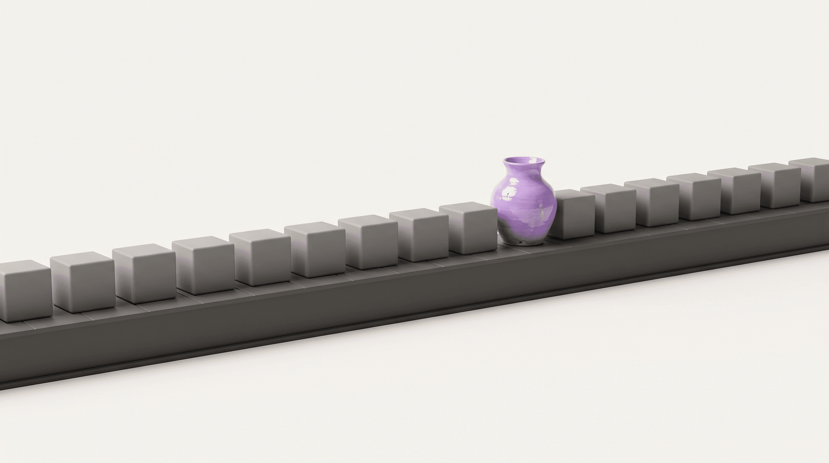 Minimal 3D illustration of a conveyor belt of identical grey cubes with one handcrafted purple ceramic vase standing out — the AI ad backlash