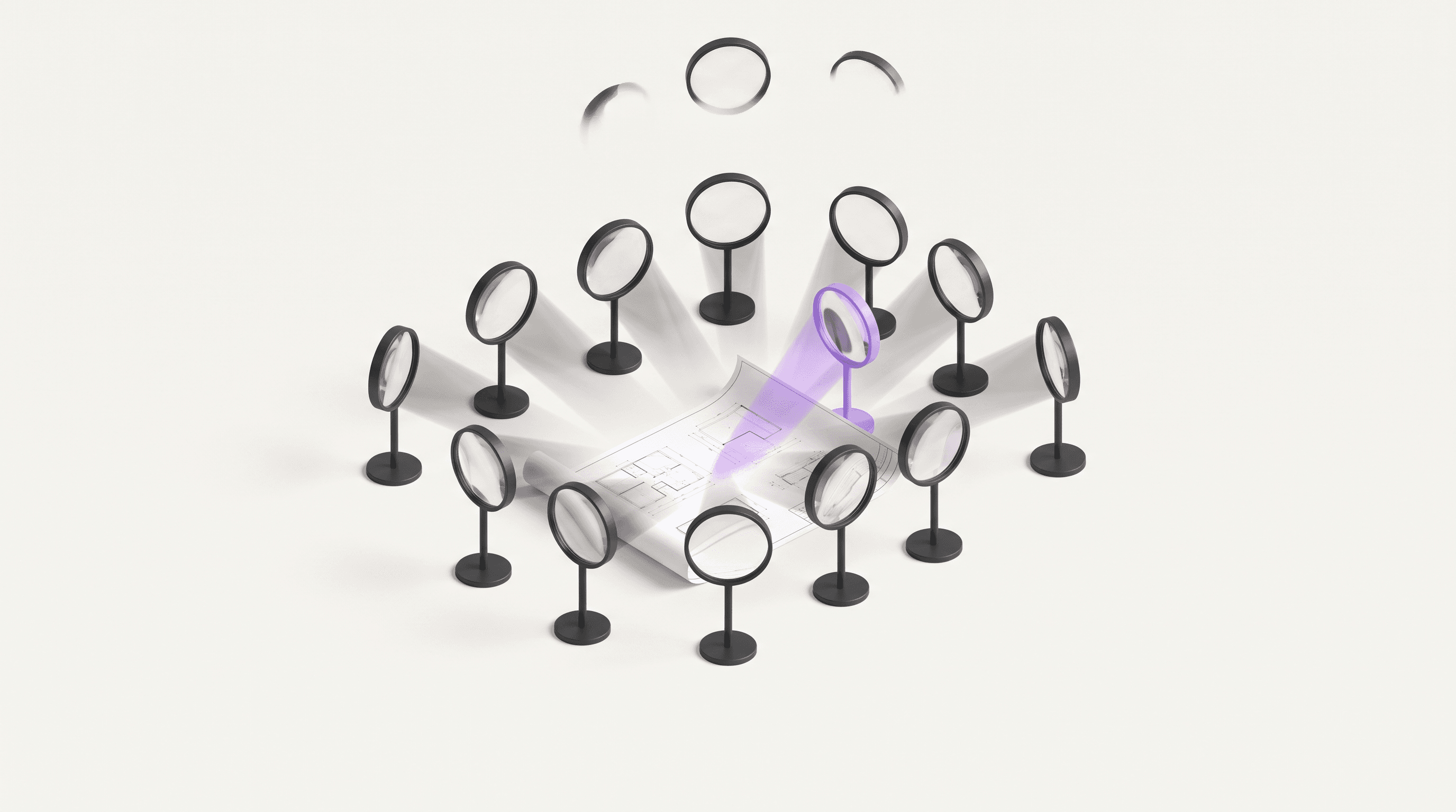 Minimal 3D illustration of a ring of optical lenses examining one blueprint, one purple lens casting a highlight — adversarial review before building