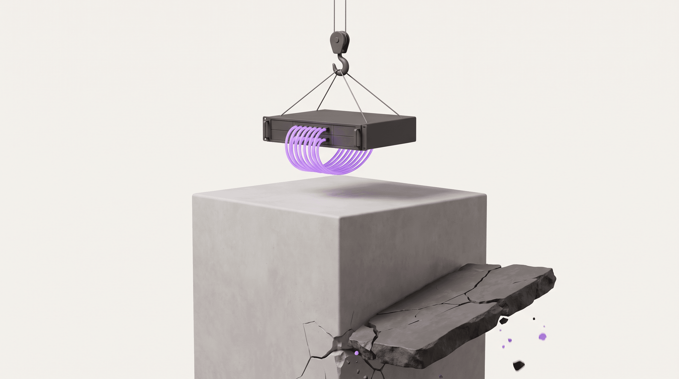 Minimal 3D illustration of a server rack with purple cables being craned from a cracked platform onto a solid plinth — moving infrastructure to solid ground