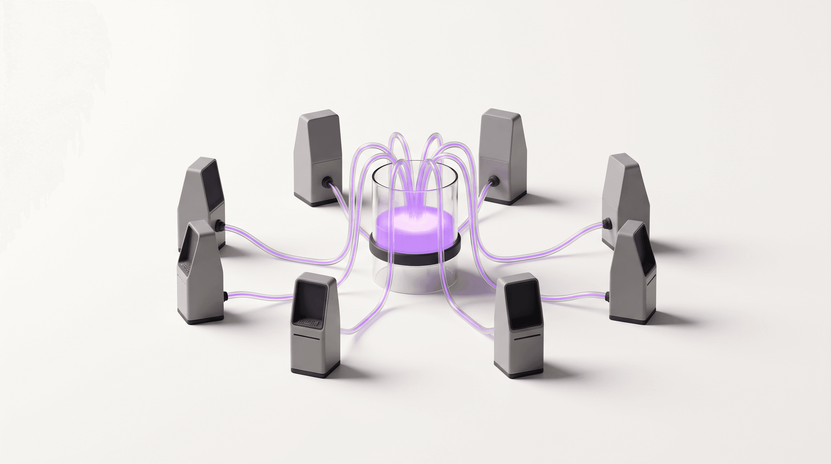 Minimal 3D illustration of terminals feeding purple streams into one shared glass reservoir — shared context collected instead of thrown away