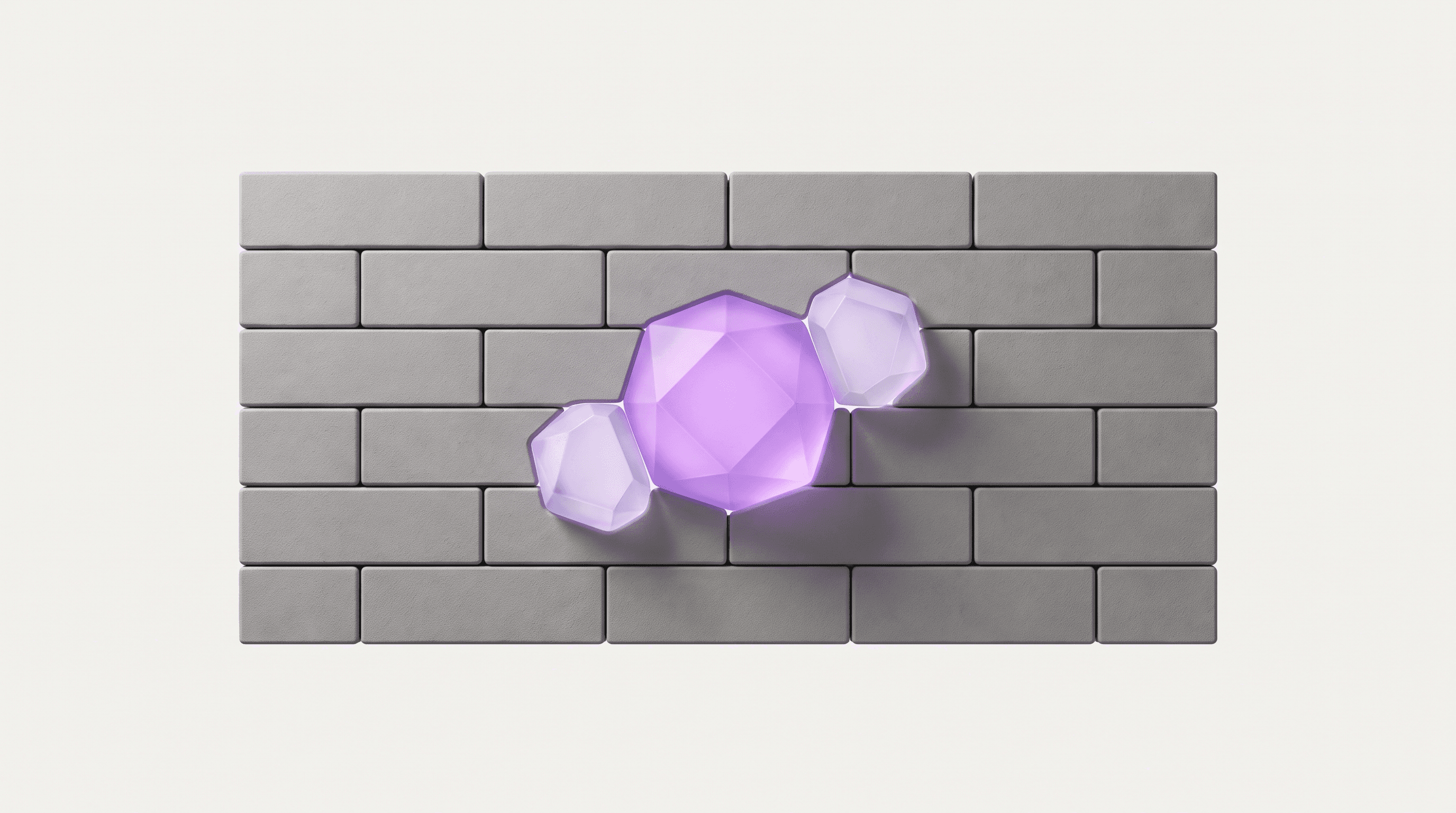 Minimal 3D illustration of a grey brick wall holding three glowing gem-like blocks — an unusual stack as a strength