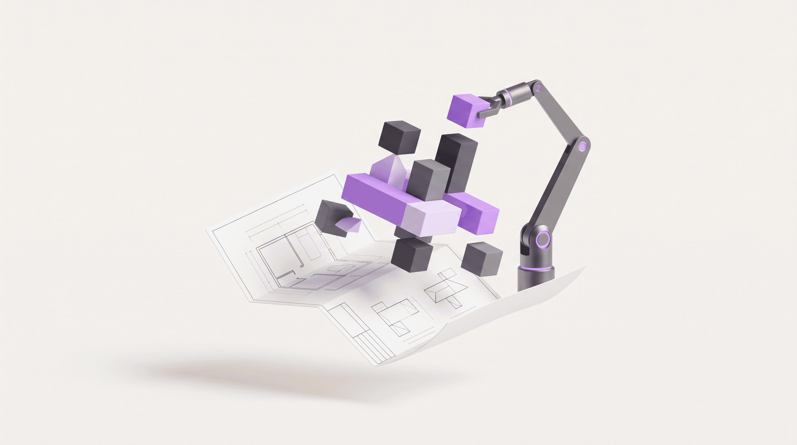 Minimal 3D illustration of a blueprint unfolding into geometric blocks assembled by a robotic arm — a creative brief an AI agent can act on