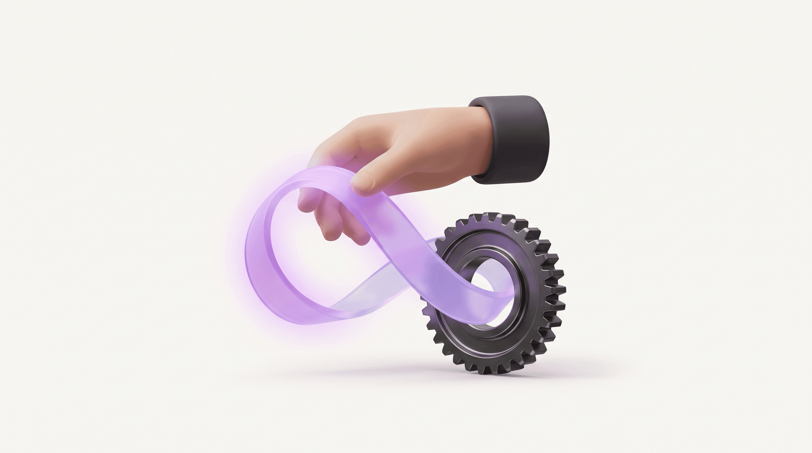 Minimal 3D illustration of a human hand guiding a glowing purple loop through a machine gear — human-in-the-loop AI