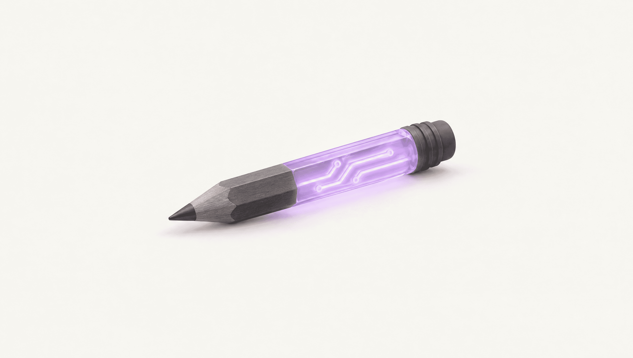 A pencil that is half graphite and half glowing violet glass with circuits inside