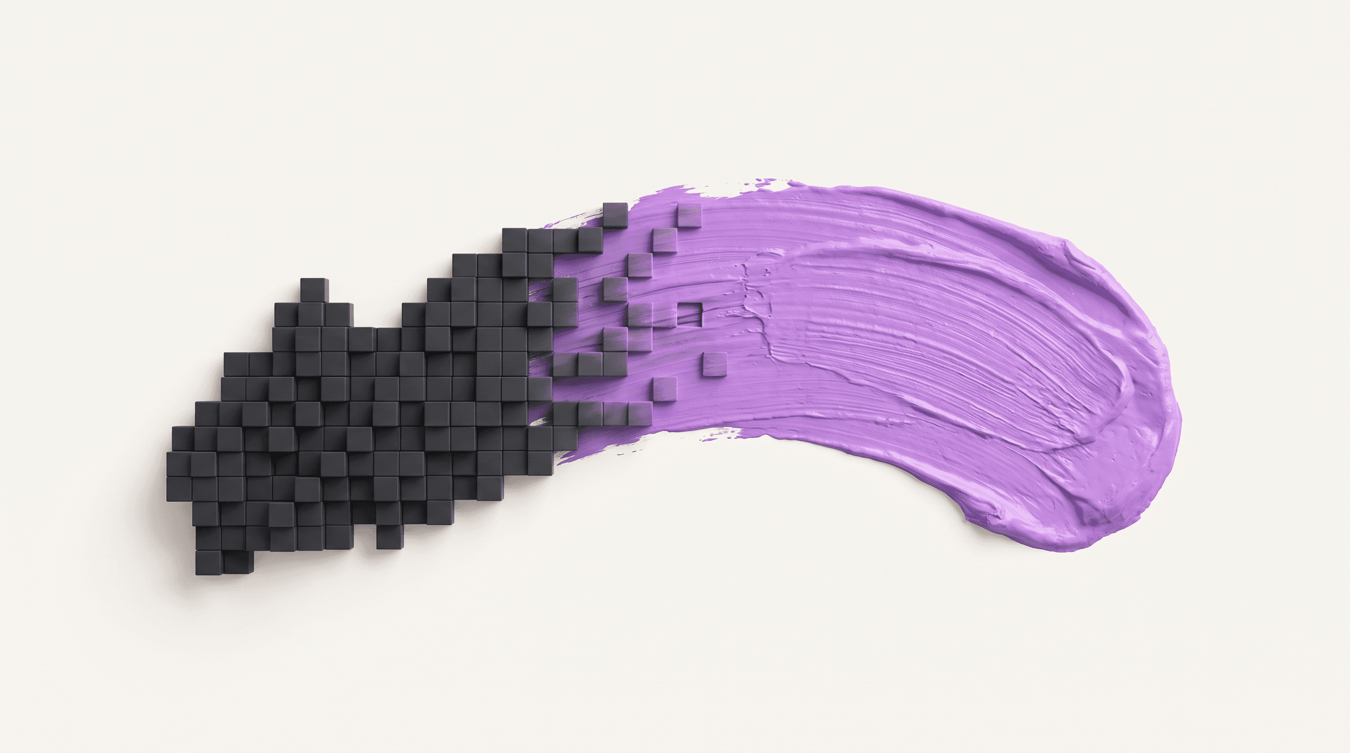 Minimal 3D illustration of a brushstroke that starts as grey pixel cubes and becomes textured purple paint — AI automation alongside a return to craft