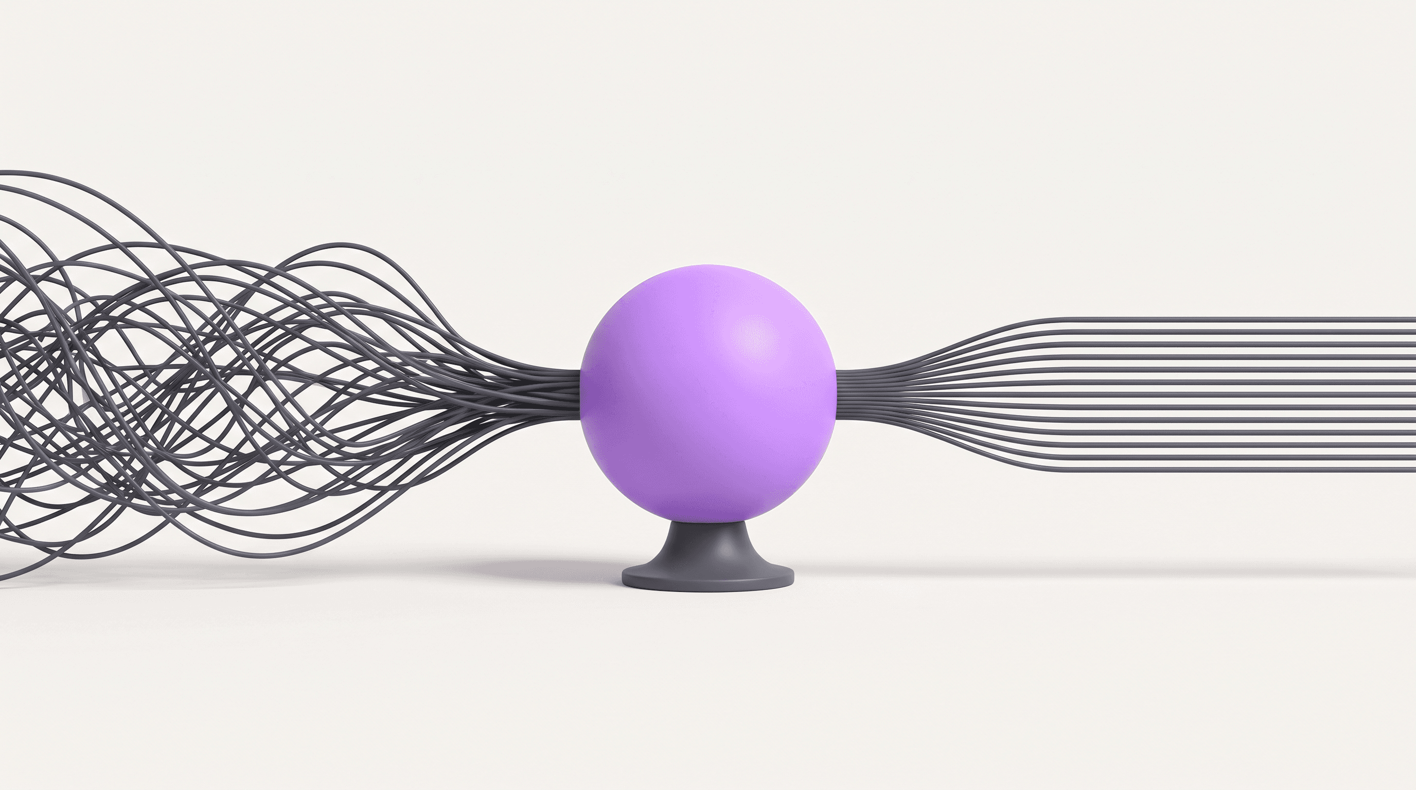 Minimal 3D illustration of tangled threads passing through a purple sphere and emerging as ordered parallel lines — the creative operator role