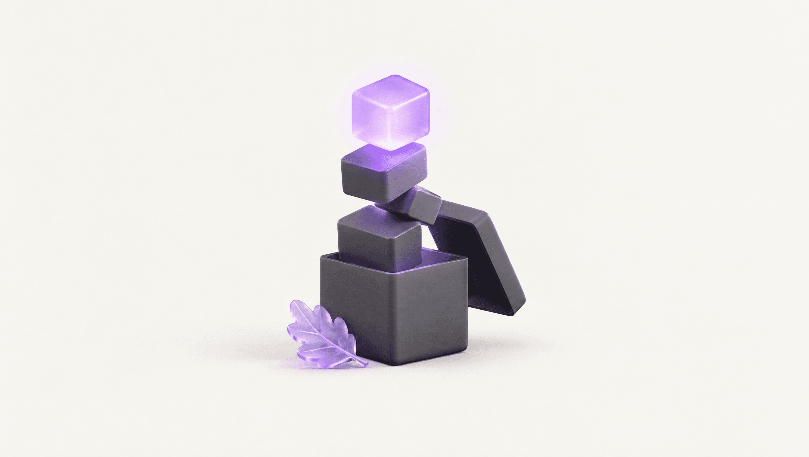 New modular blocks rising out of an open box beside a violet glass leaf