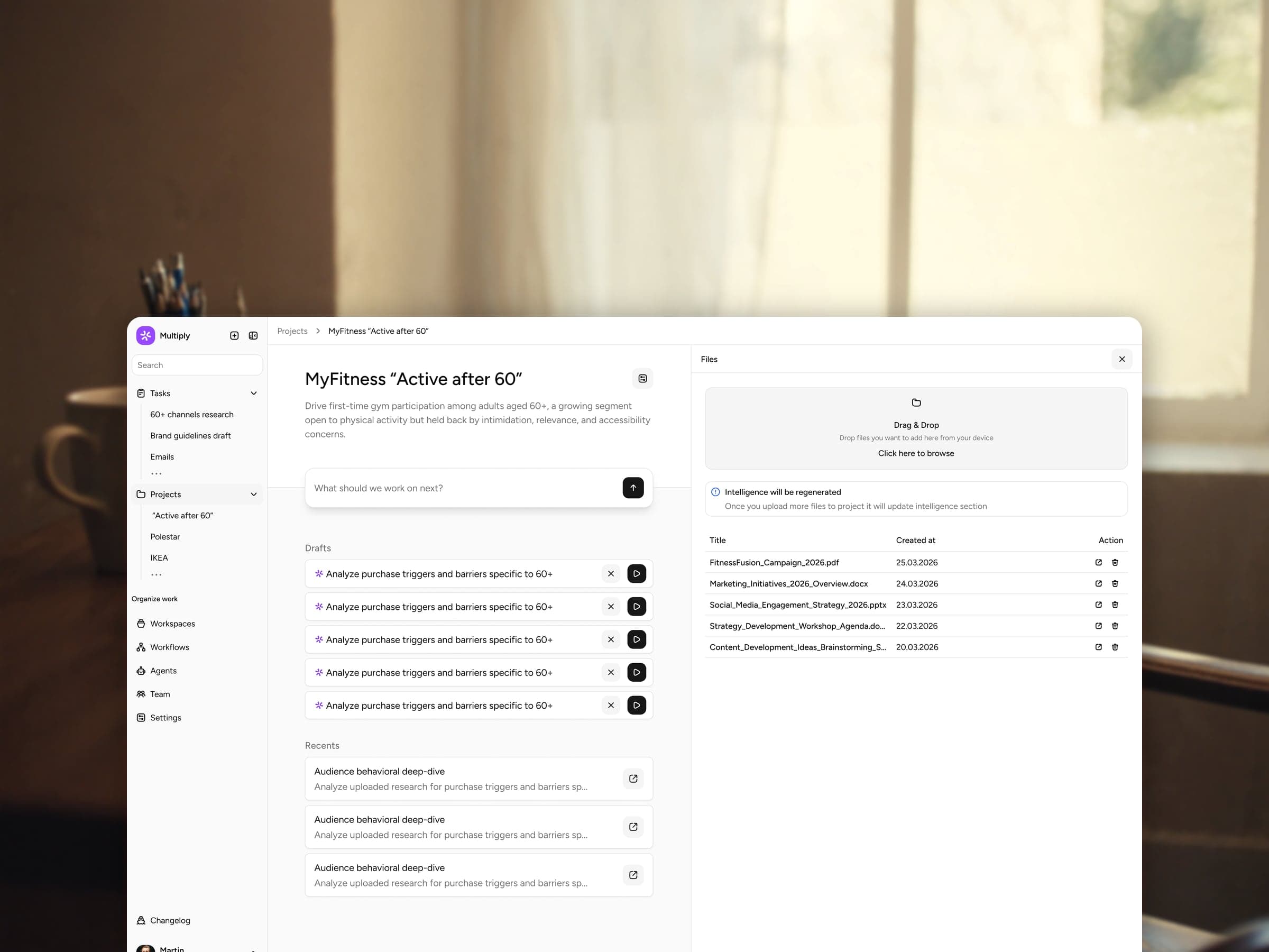 Multiply project files — decks and documents uploaded to a project, with intelligence regenerated from them (agency-operations, work-before-the-work section)