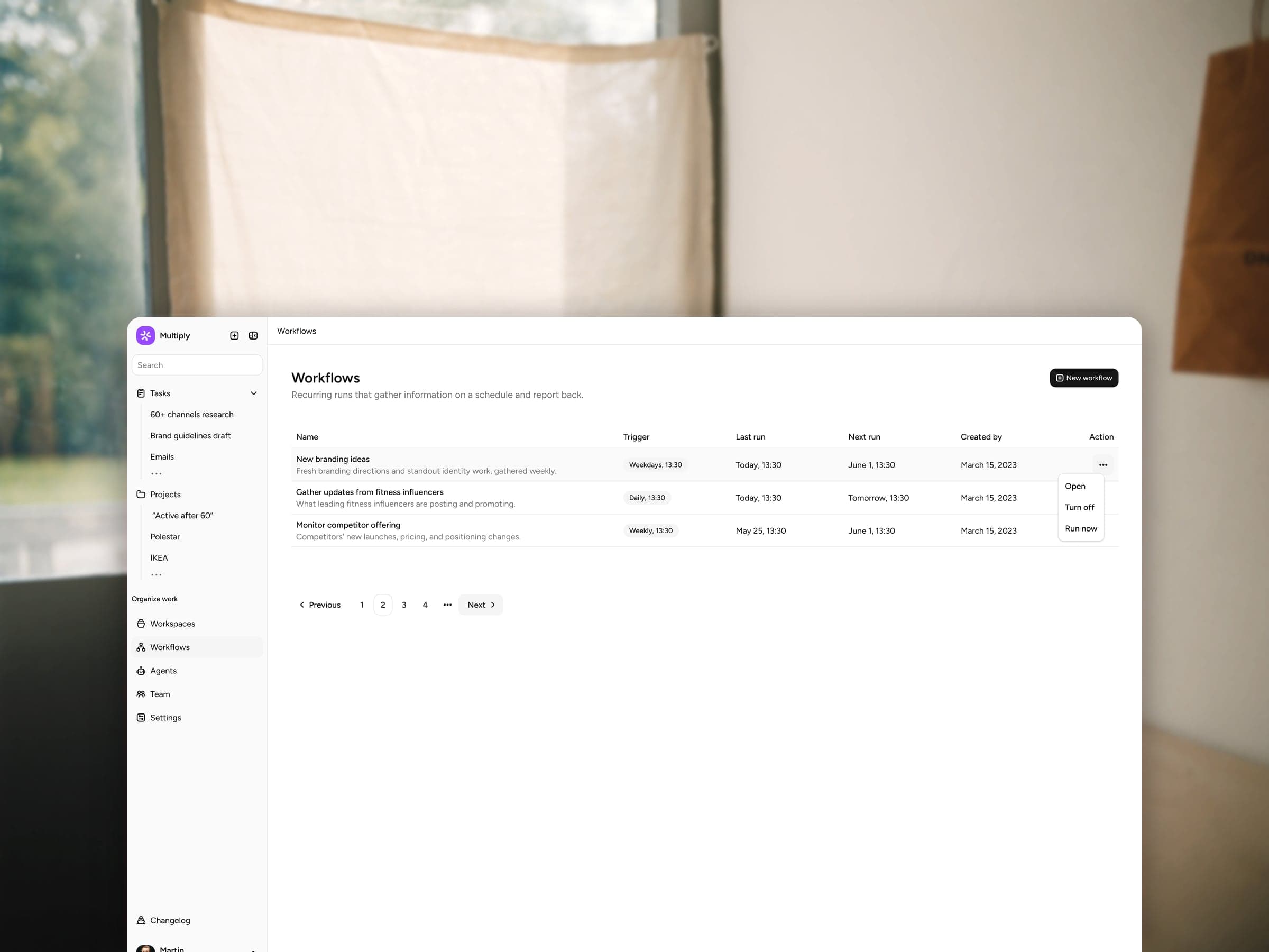 Multiply workflows — recurring scheduled runs that gather information and report back (agency-operations, recurring reports section)