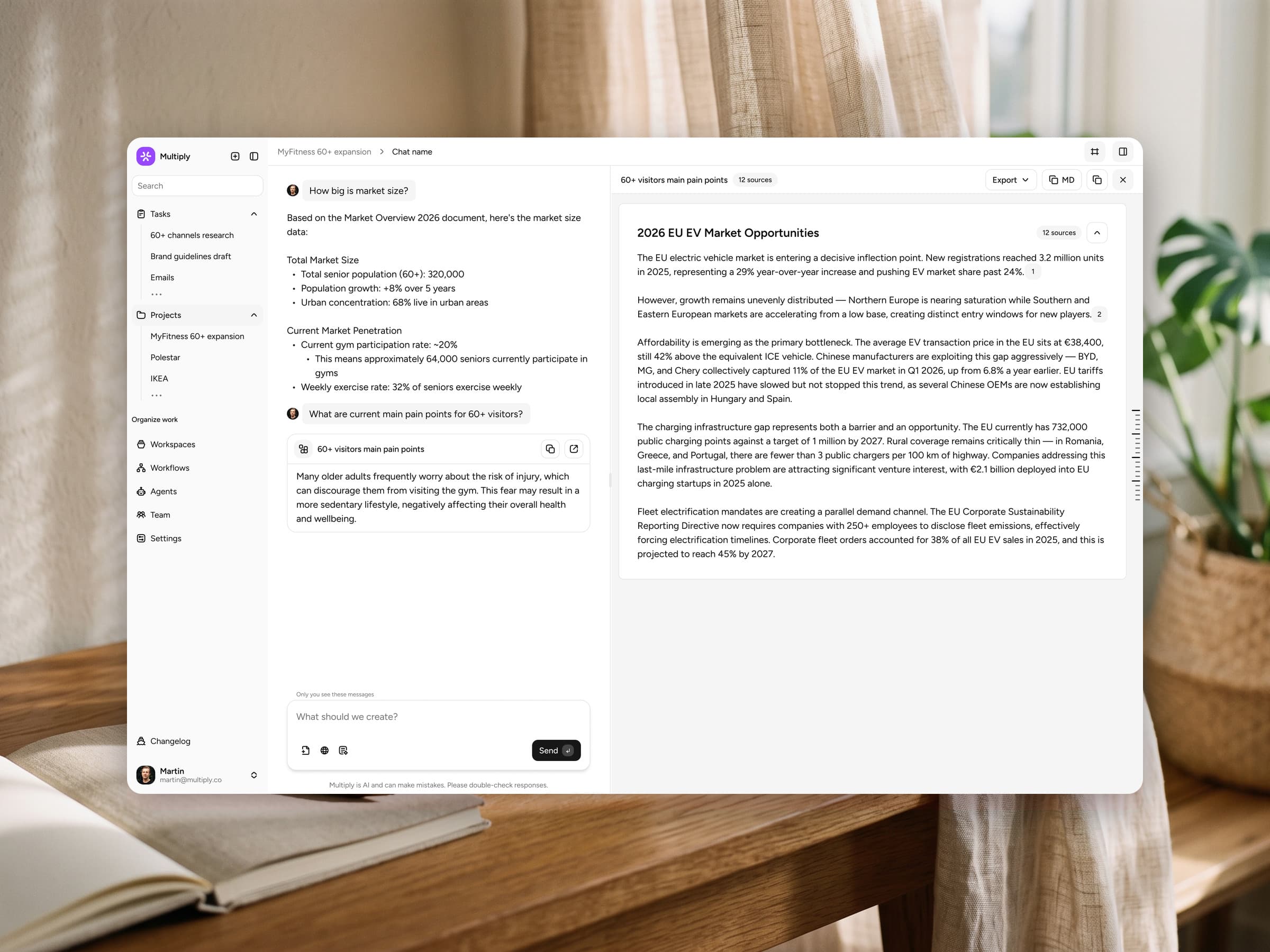 Multiply task with sources — answer grounded in client documents with the source open alongside