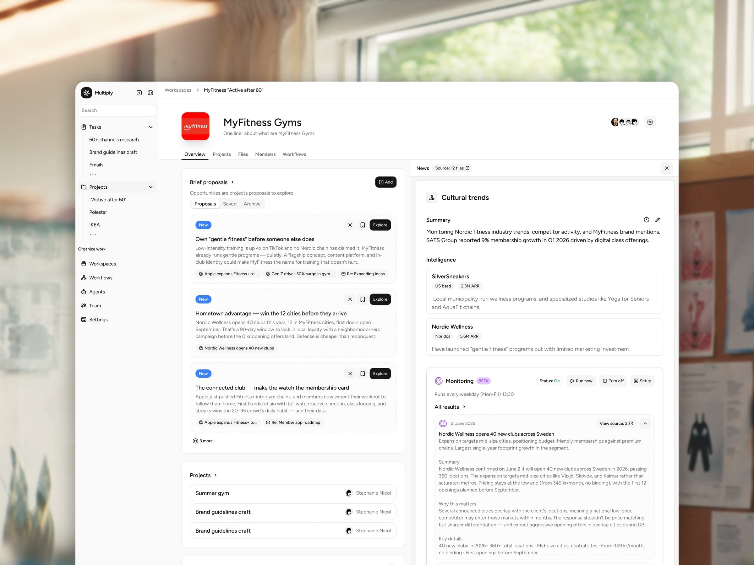 Multiply client workspace — brief proposals, projects, news monitoring and intelligence accumulating for one client (multi-client-operations, problem section)