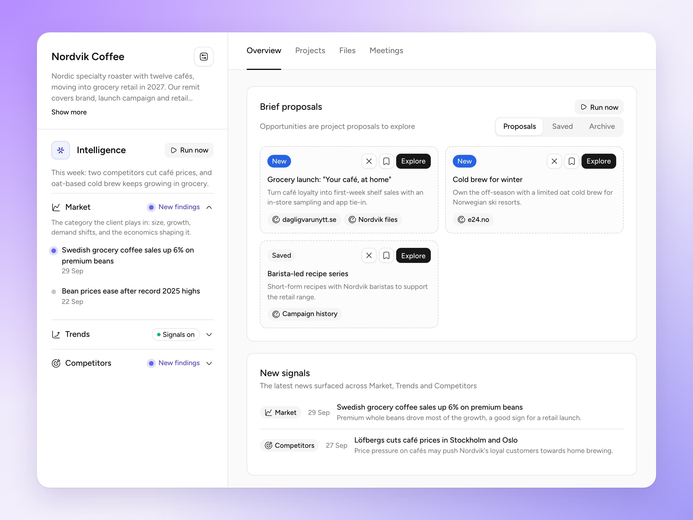 Multiply client workspace — weekly brief proposals and new signals from market, trends and competitors