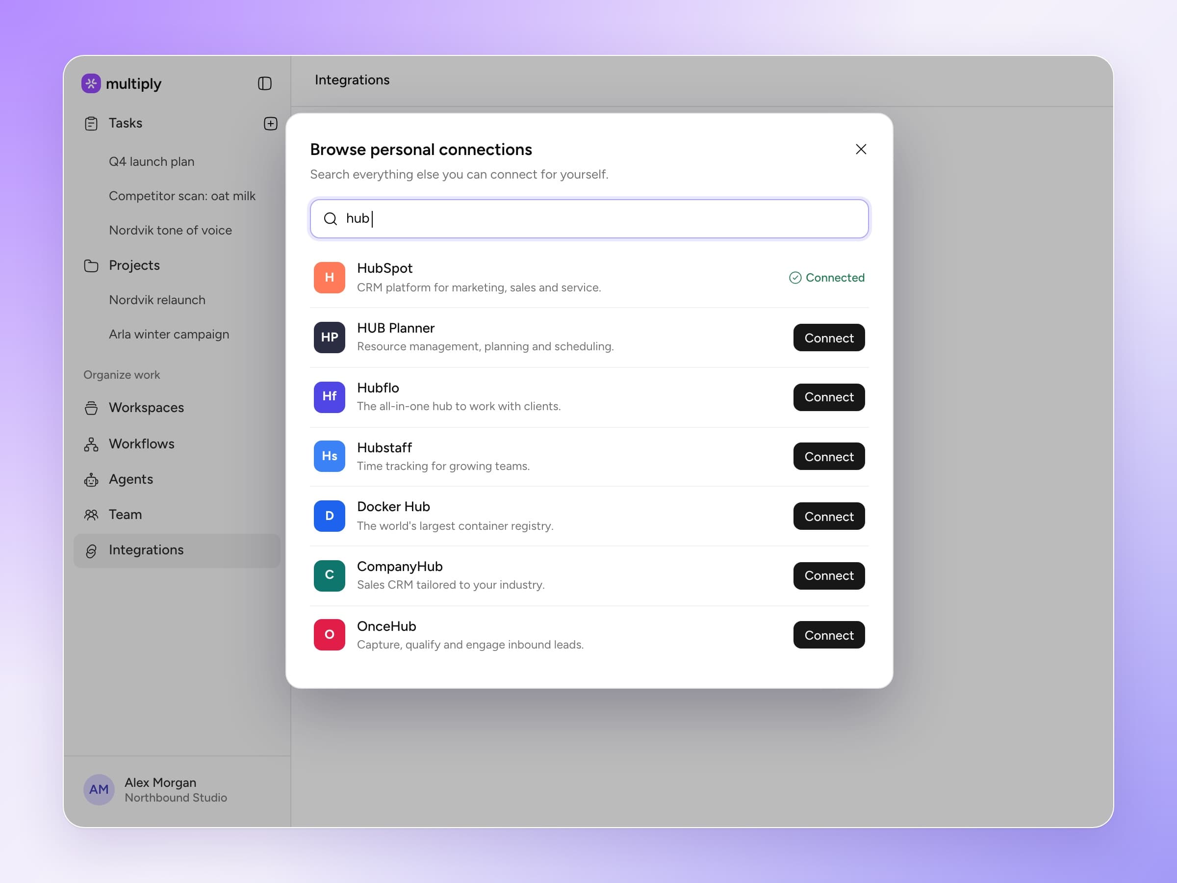 Multiply connections browser — searching 3,000+ apps, with HubSpot connected