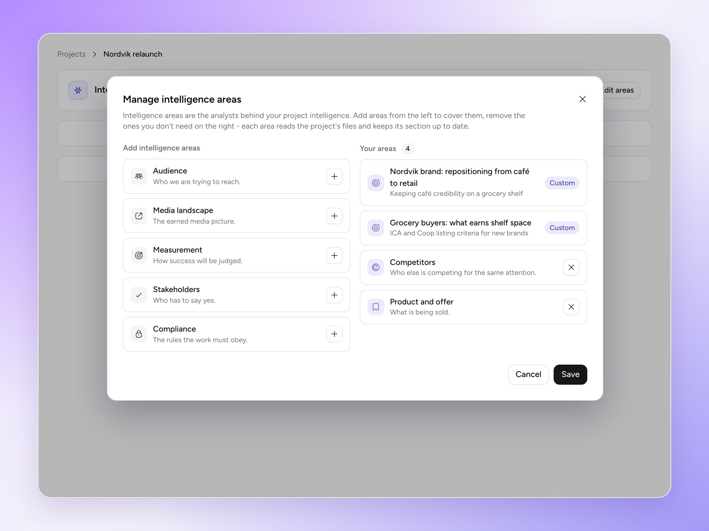 Multiply intelligence areas — choosing a project’s areas, with custom areas written for the brief
