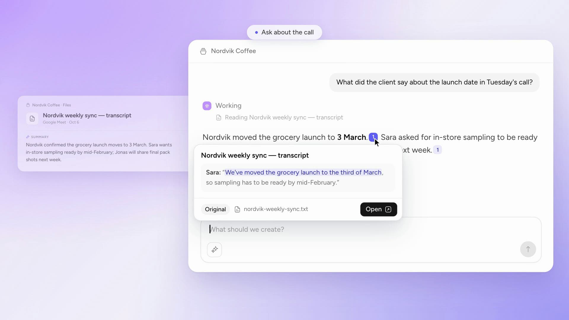 Multiply meeting recording: an answer citing the meeting transcript, with the citation preview open