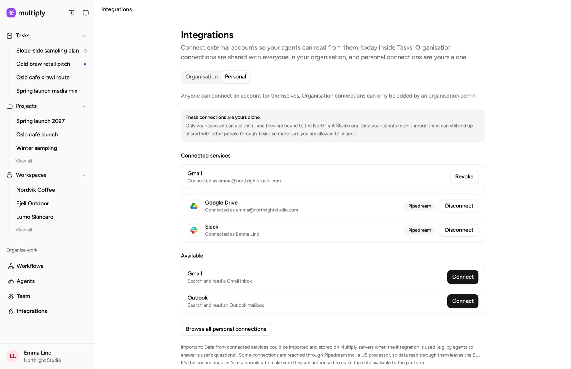 Multiply’s Integrations page with Gmail connected and Outlook ready to connect